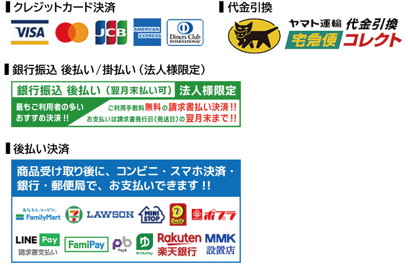 クレジットカード、代金引換、銀行振込 後払い、後払い決済